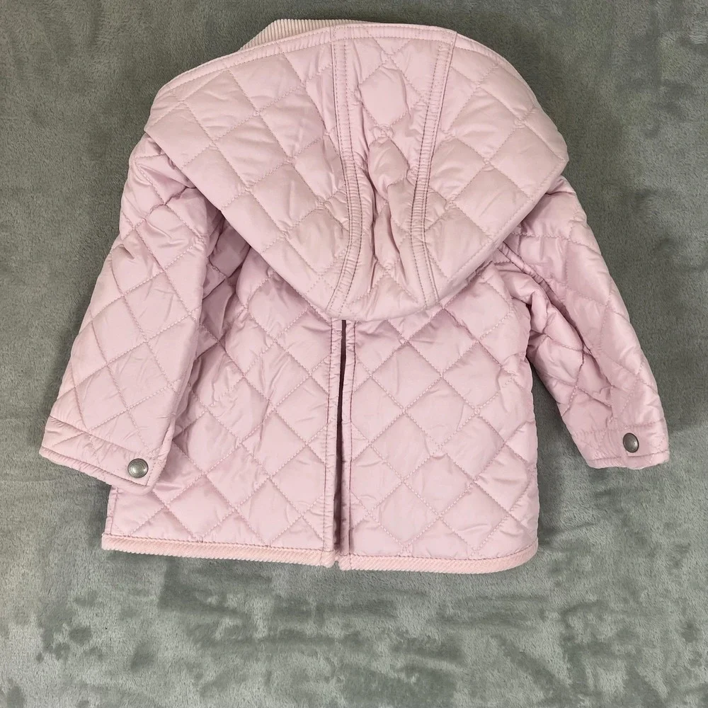 Ralph Lauren Jacket Girls 9M Pink Quilted Hooded Corduroy Collar Snap Pockets
